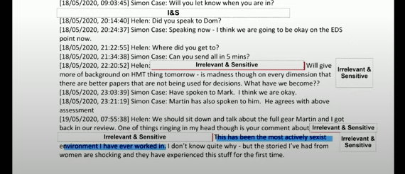 Messages published by #covidinquiry today between Simon Case and other civil servants regarding No.10 : 19/05/2020 'This has been the most actively sexist environment I have ever worked in. I don't know quite why - but the stories I've had from women are shocking' ⤵️