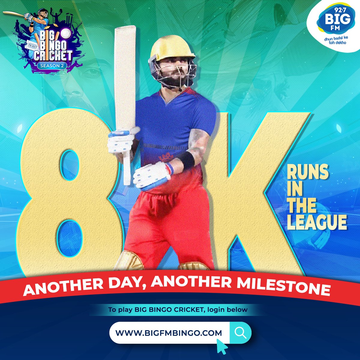 Not the ideal end, but take a bow @imVkohli❤️ A whooping 8000 runs in the league for the man who refuses to give up😎🙌 Register on bigfmbingo.com and start playing NOW! Airline Partner: @qatarairways #BIGFM #DhunBadalKeTohDekho #Record #ViratKohli #Runs #Milestone