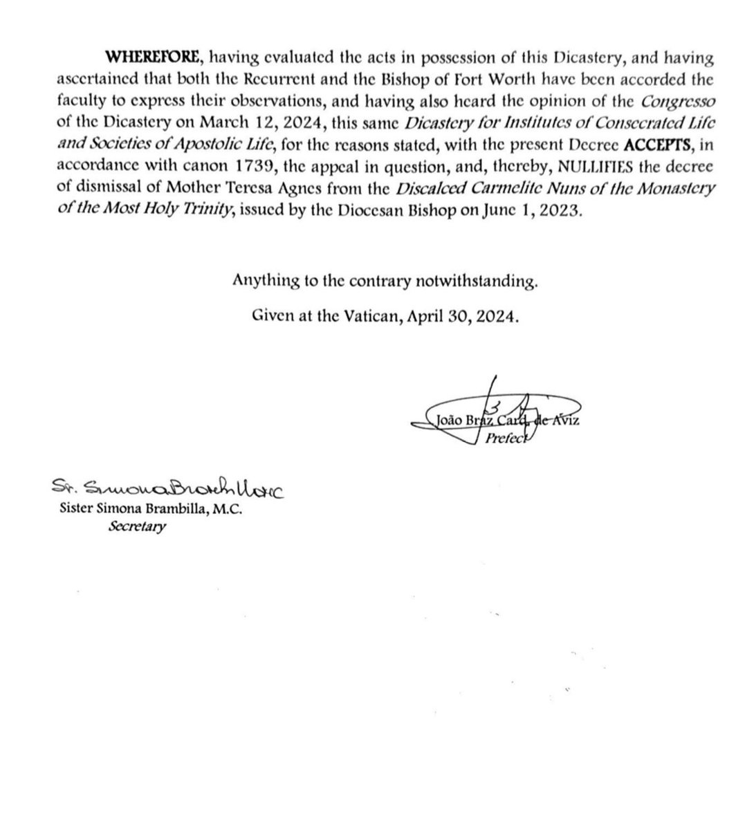 NEW: The Vatican has overturned Bishop Olson’s decree dismissing Mother Teresa Agnes from the Carmelite Monastery in Arlington, Texas.