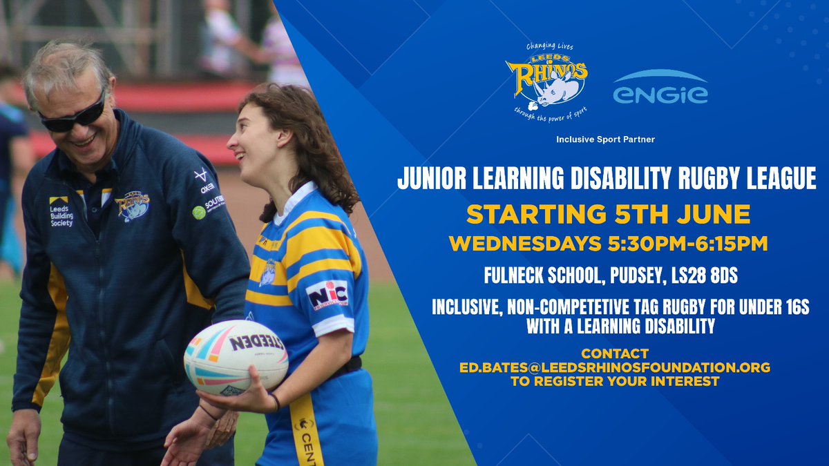 There is less than 2️⃣ weeks to go till the first of our Junior LDRL sessions! This is a very exciting opportunity for those under the age of 16, to give this adapted version of Rugby League a go🙌🦏 To register your interest ✉ ed.bates@leedsrhinosfoundation.org 🤝 @ENGIE_UK