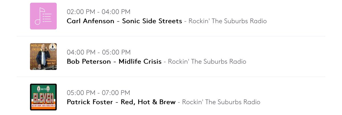 Rockin' the Suburbs Radio (@suburbsradio) on Twitter photo Today on Suburbs Radio:
2 PM ET: Sonic Side Streets w/<a href="/SonicSideStreet/">Sonic Side Streets</a>
4 PM: Midlife Crisis w/<a href="/midliferadio/">Bob Peterson</a>
5 PM: Red, Hot & Brew w/<a href="/themrpatty/">Pat Foster</a> Today on Suburbs Radio:
2 PM ET: Sonic Side Streets w/<a href="/SonicSideStreet/">Sonic Side Streets</a>
4 PM: Midlife Crisis w/<a href="/midliferadio/">Bob Peterson</a>
5 PM: Red, Hot & Brew w/<a href="/themrpatty/">Pat Foster</a>