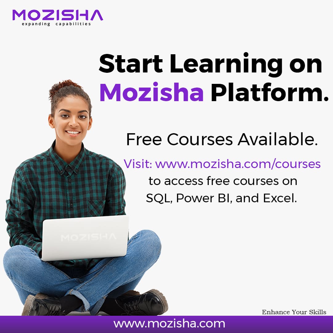 Enhance your skills with mozisha free courses. Visit: mozisha.com/courses and get access to a free course on SQL, Power BI and Excel.
#careergrowth #freecourses #mozisha #techskills