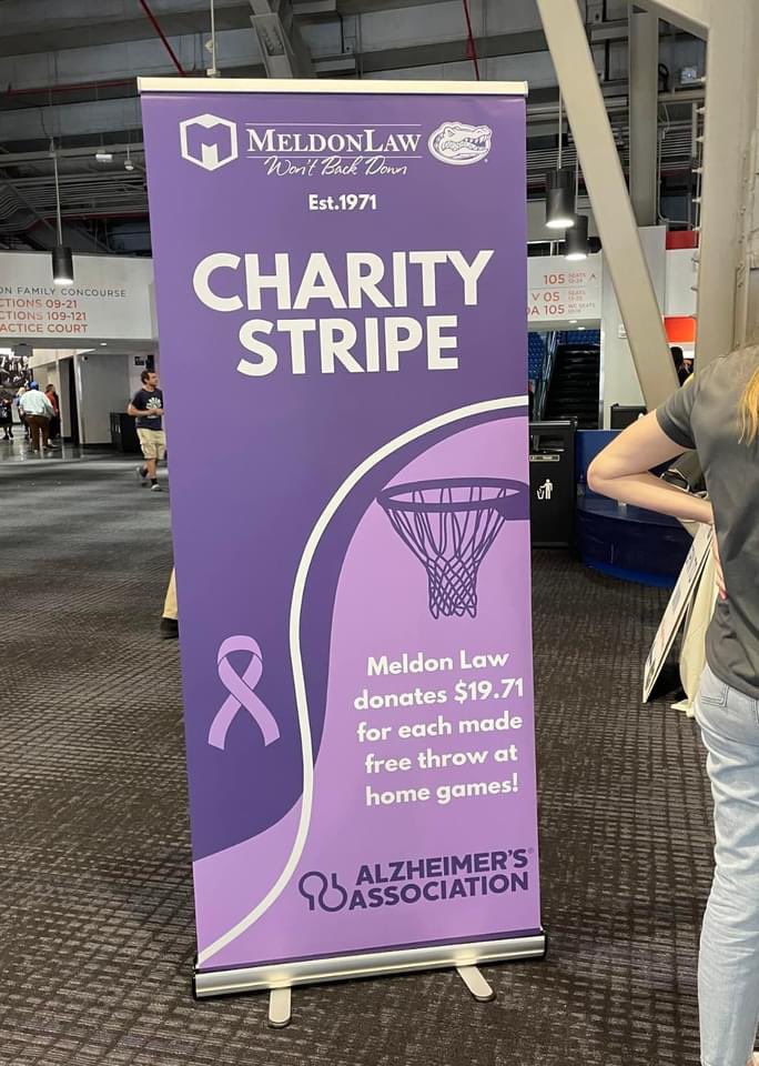 JPTULL's tweet image. #causemarketing Celebrating the 2024 @MeldonLaw #CharityStripe to raise money for the #walktoendalz. #meldonlaw donated  $19.71 for each @GatorsMBK @GatorsWBK free throw made at home to @alzcnfl Thx @CoachToddGolden @kraefin for  
Assist w/ check presentation. @Learfield #endalz