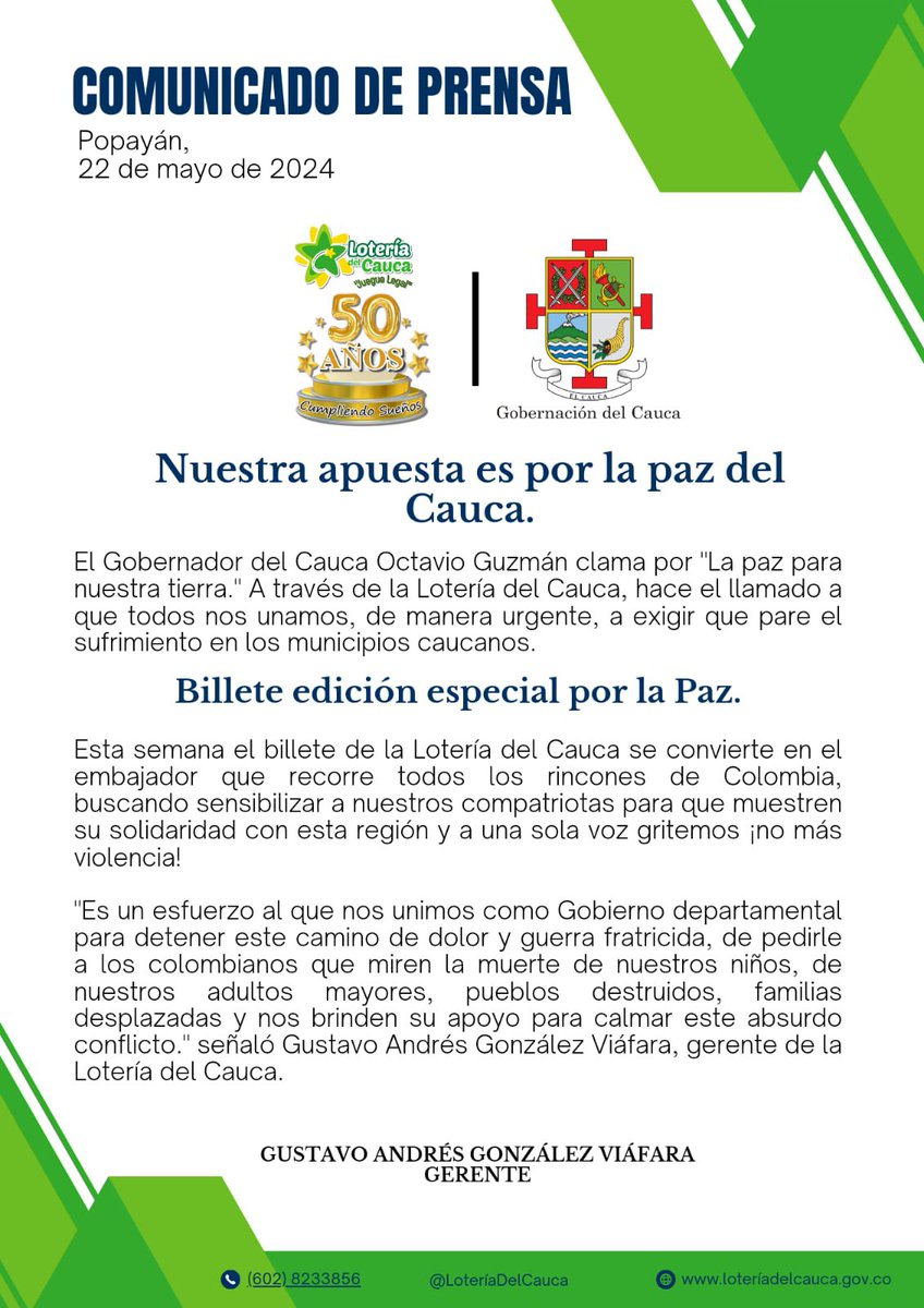 Desde @lotecauca cómo @GobCauca, hacemos un vehemente llamado a La Paz. Por eso el billete de nuestro sorteo 2508 del próximo sábado 25 de mayo, es alusivo al bien supremo de LA PAZ que clamamos todos los colombianos y cuya voz viene representando nuestro Gobernador