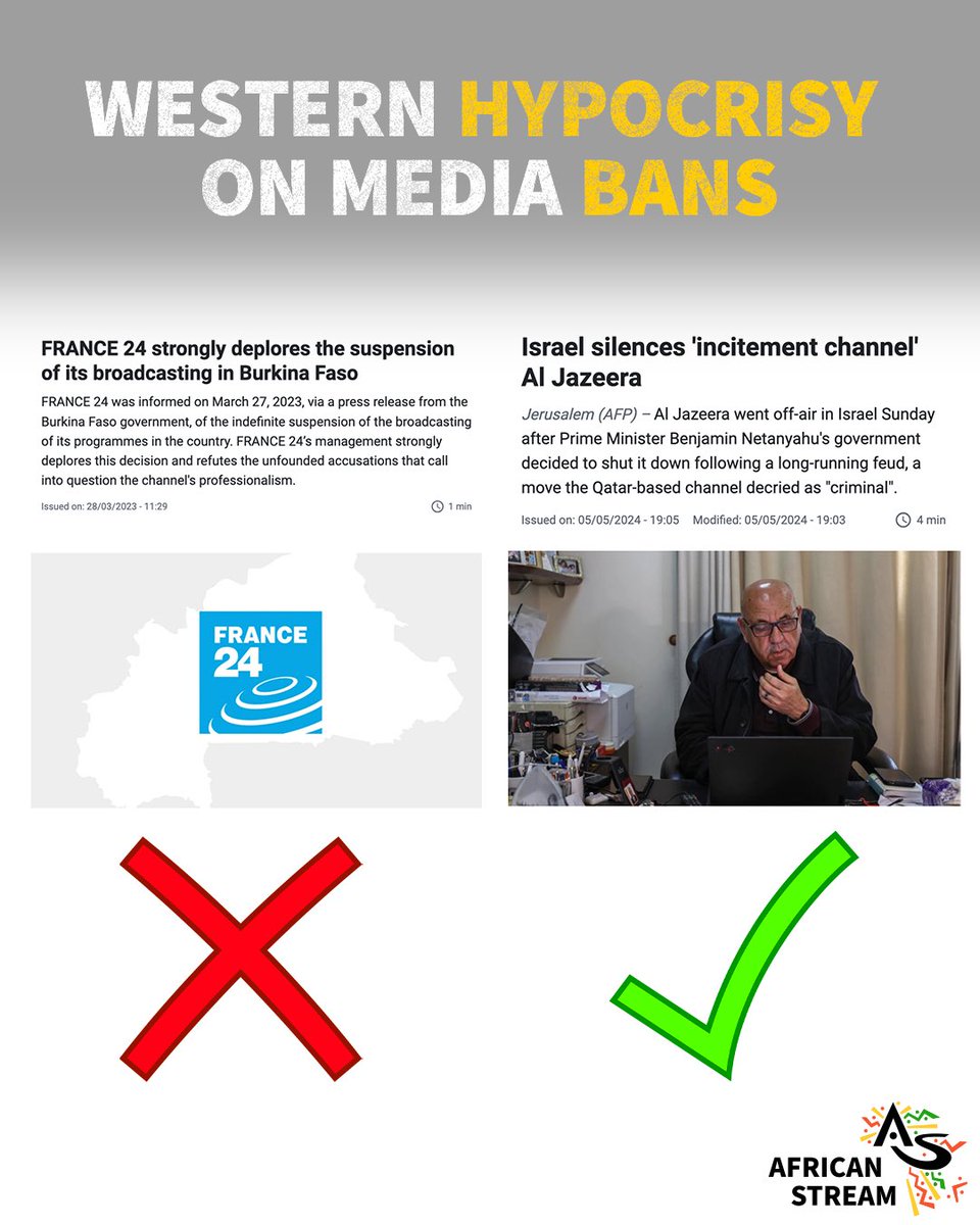 Same scenario, two different responses. Here’s another fine example of Western duplicity. In March,2023, Burkina Faso suspended all broadcasts by France24 after the French TV station aired an interview with the head of al Qaeda’s North African wing. France24 quickly branded it