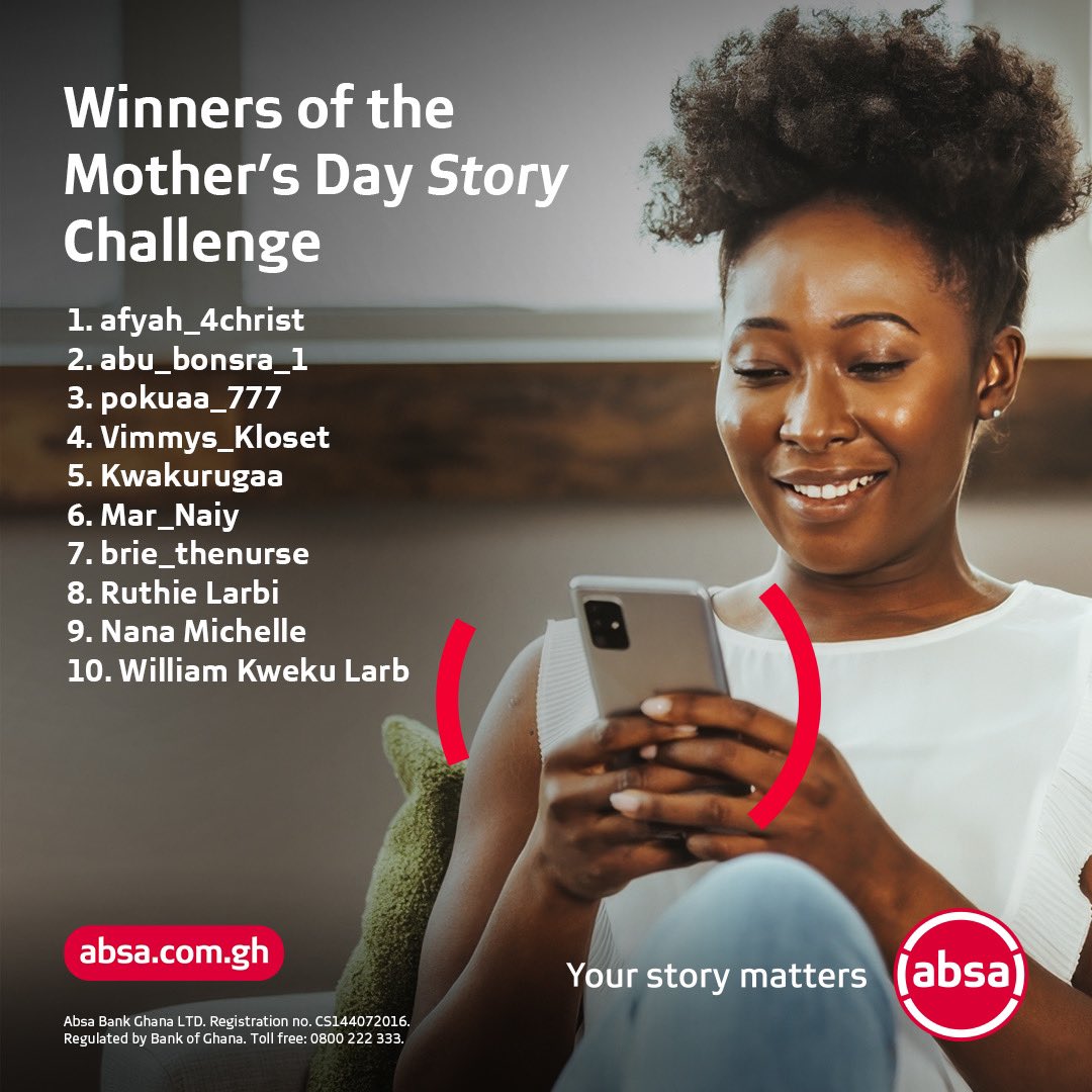 A hearty congratulations to all winners of our Mothers’ Day story challenge. We heard your story and now it’s time to give mum the appreciation she deserves. Kindly send us a direct message for further details.  

#YourStoryMatters #AbsaGhana