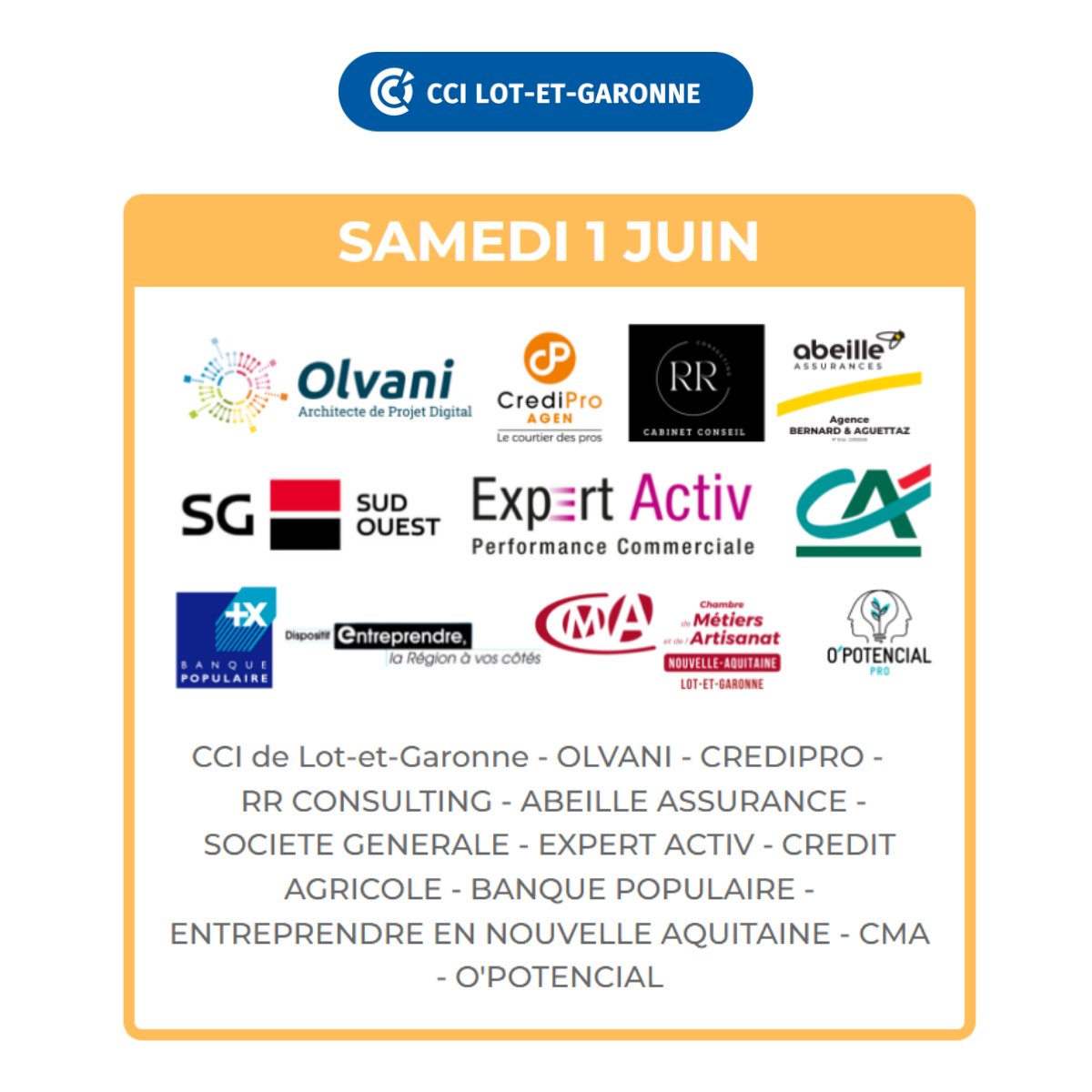 [A NE PAS MANQUER]
💡 Vous avez un projet de #création ou de #reprise d'entreprise ? 
👉 Alors, ne manquez pas le Forum "Osez entreprendre en Lot-et-Garonne" qui se déroulera durant la Foire d’Agen, du 30 mai au 2 juin, à Agen Agora. 

🖱Plus d'infos : lnkd.in/eGjJdWjE