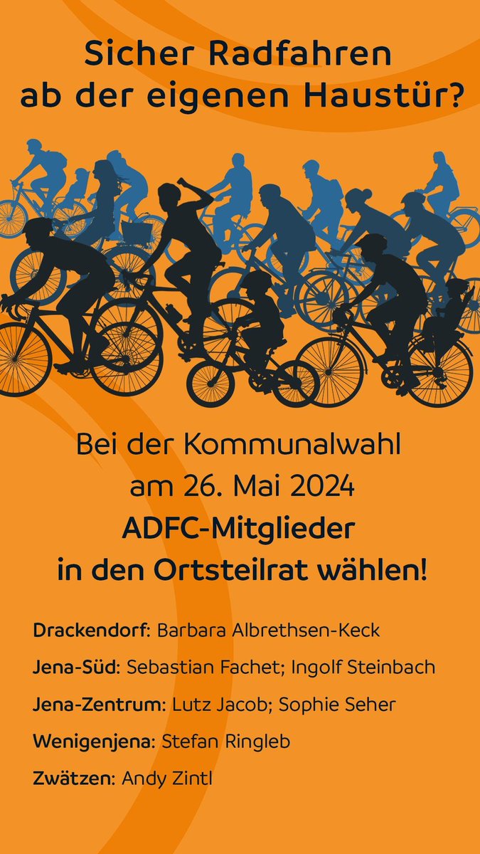 📷 Schon gespannt auf die #Kommunalwahl in #Jena am kommenden Sonntag?
📷 Keine Ahnung, wen du in den #Ortsteilrat wählen sollst, weil dir die meisten Namen nichts sagen?
📷 Hier stellen wir dir einige #ADFC-Mitglieder vor, deren Namen du auf der Liste finden wirst. Gut merken!