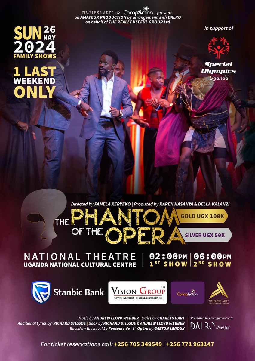 Don't miss the last family Sunday shows, perfect for a magical outing with your loved ones!
This is the last weekend to experience the mesmerizing melodies of The Phantom of the Opera at the National Theatre.
Brought to you by <a href="/stanbicug/">Stanbic Bank Uganda</a> and <a href="/VisionGroup/">Vision Group</a>. Secure your tickets now!