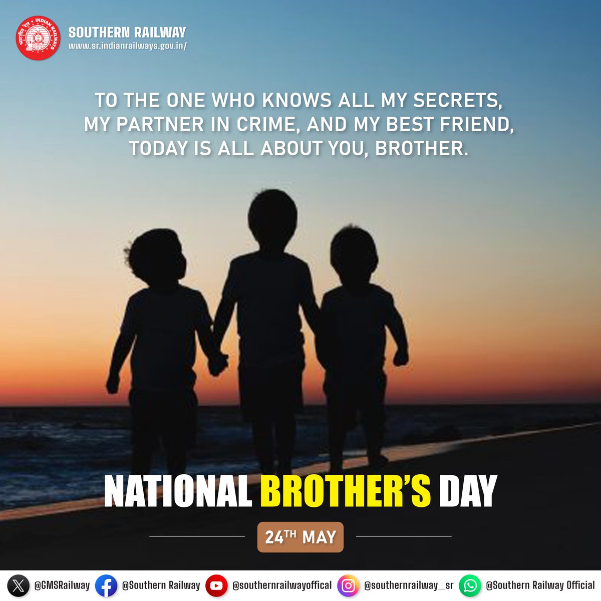 The bond that links your true family is not one of blood but of respect and joy in each other's life. - Richard Bach #NationalBrothersDay #SouthernRailway #Brotherhood #BrothersDay #BrotherhoodBond #CelebratingBrothers #SiblingStrong #BrothersByHeart #BrothersByBlood