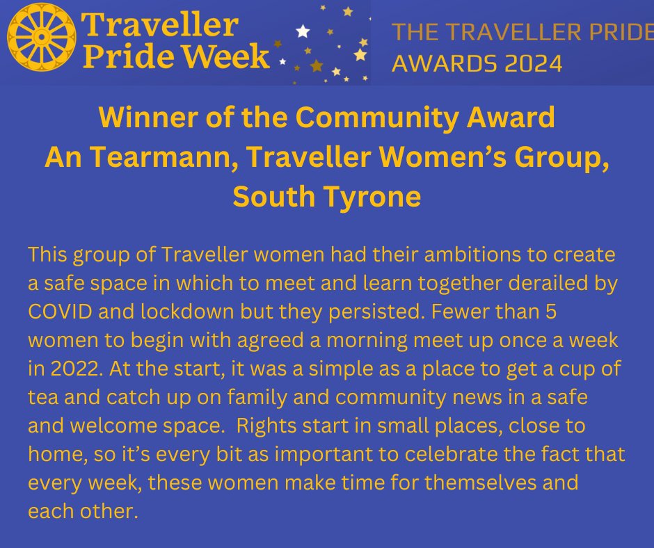 The winner of this years Community Award is An Tearmann, Traveller Women's Group, South Tyrone ! Congratulations ladies !!🥳🥳