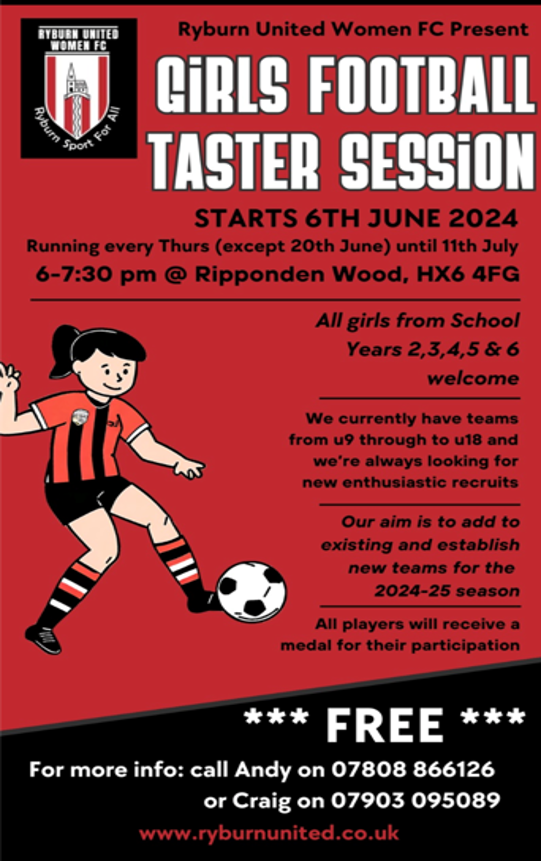 Ryburn Utd are excited to once again be running free football taster sessions.
These are fab sessions led by experienced coaches in girls junior football.
Come down to Ripponden Wood on June 6th or get in touch for more details. ⚽️⚽️
<a href="/RyburnUtdFC/">Ryburn United FC</a>