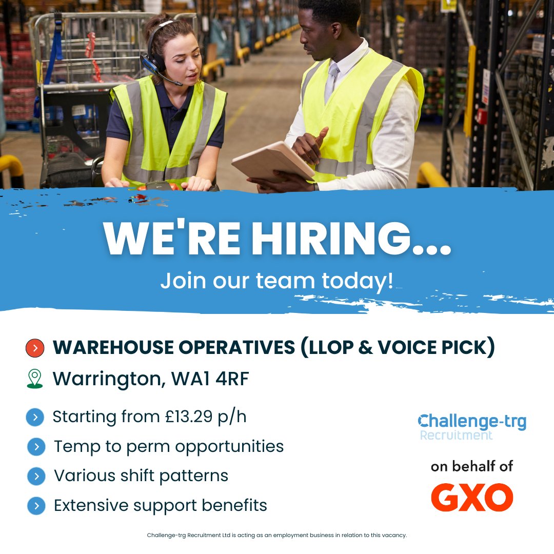 We’re Hiring! 📦 Warehouse Operatives in Warrington, WA1 4RF

💷 From £13.29p/h
🕒 Various shift patterns
✅ Extensive support benefits 

Apply here: onboarding.challengetrg.co.uk/authentication…  

#CTRG #WarehouseJobs #GXOjobs #WarringtonJobs