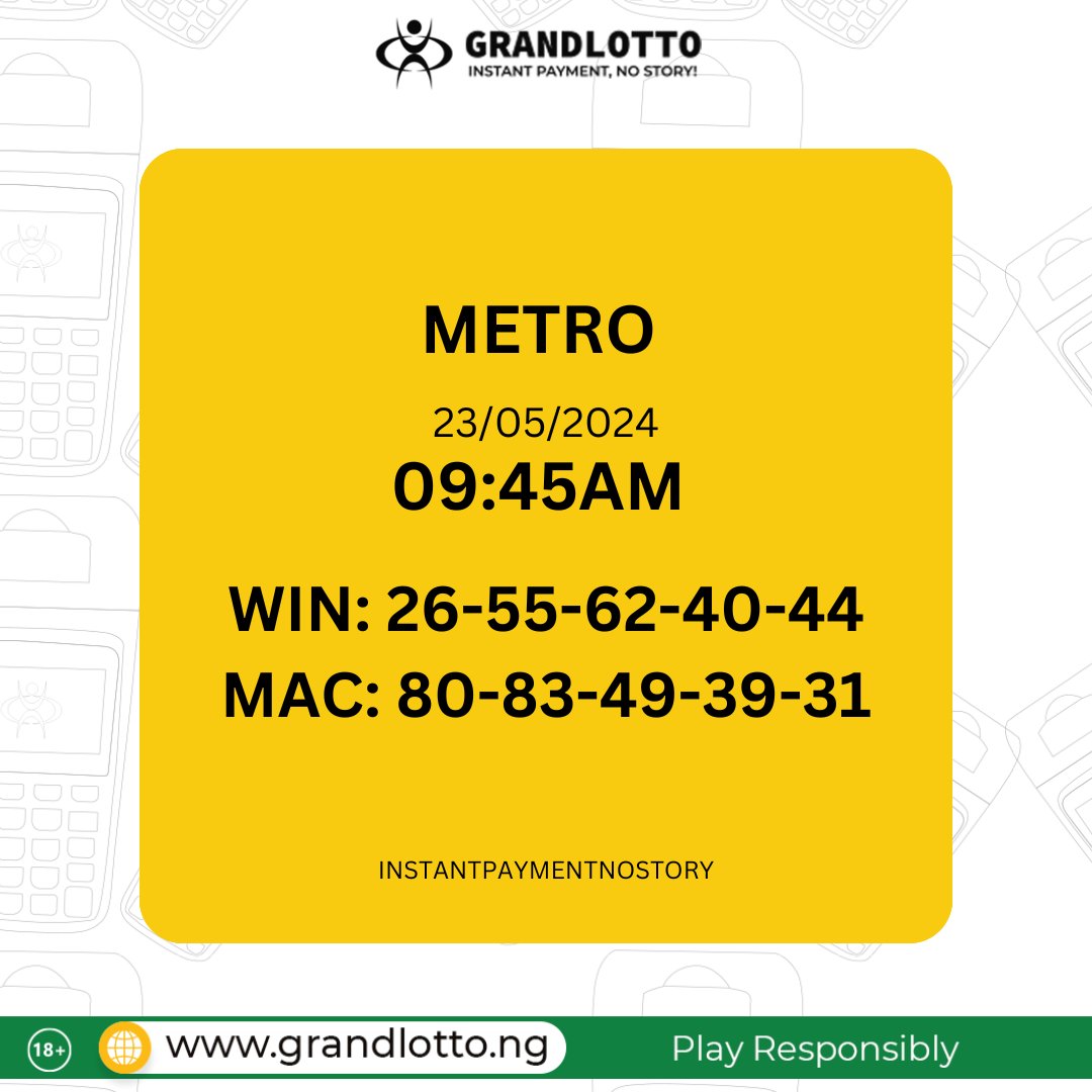 METRO RESULT grandlotto.ng #Instantpayment #nostory #Grandlotto #lotto #Lottonigeria #indoorgames #playandwin #playanywhere #winningsanywhere #cashout #chooseyellowterminal