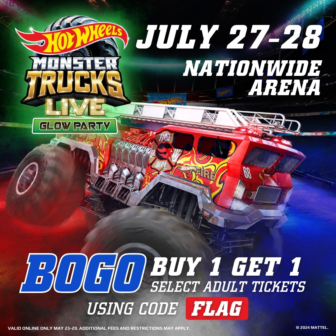 BUY ONE, GET ONE @Hot_Wheels Monster Trucks Live July 27-28 at @NationwideArena Get YOUR tickets now until 5/29 at 11:59PM or while supplies last. Use offer code: FLAG ticketmaster.com/search?q=Hot+w… Select tickets for all shows. Additional fees may apply.