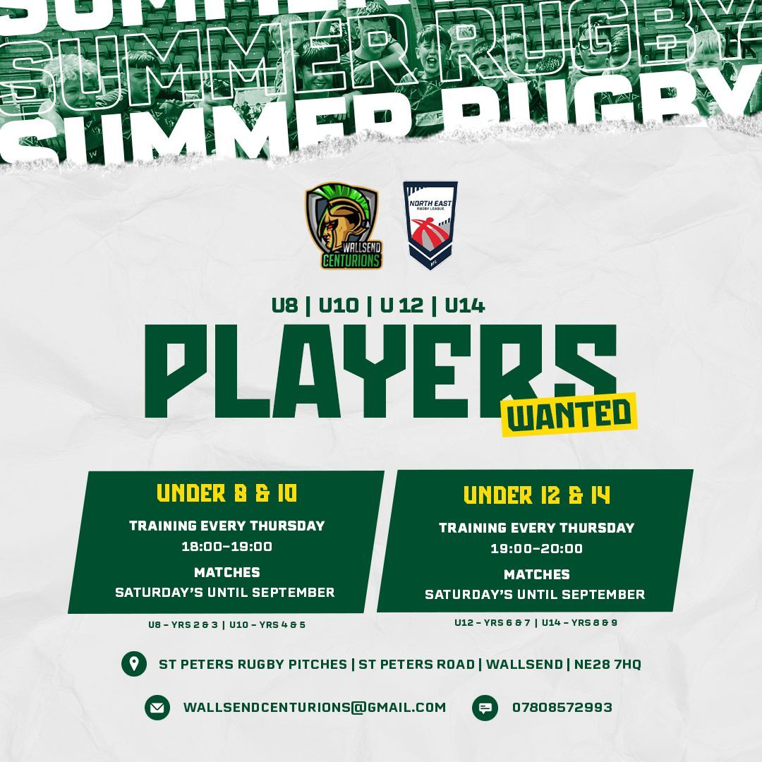 𝗦𝘂𝗺𝗺𝗲𝗿 𝗥𝘂𝗴𝗯𝘆 𝗜𝘀 𝗕𝗮𝗰𝗸

Junior rugby league in Wallsend is back and we want 𝗬𝗢𝗨 🫵 to join us this summer.

Send us a text or drop us an email for more details. 

#WallsendCenturions // #GreenAndGoldArmy