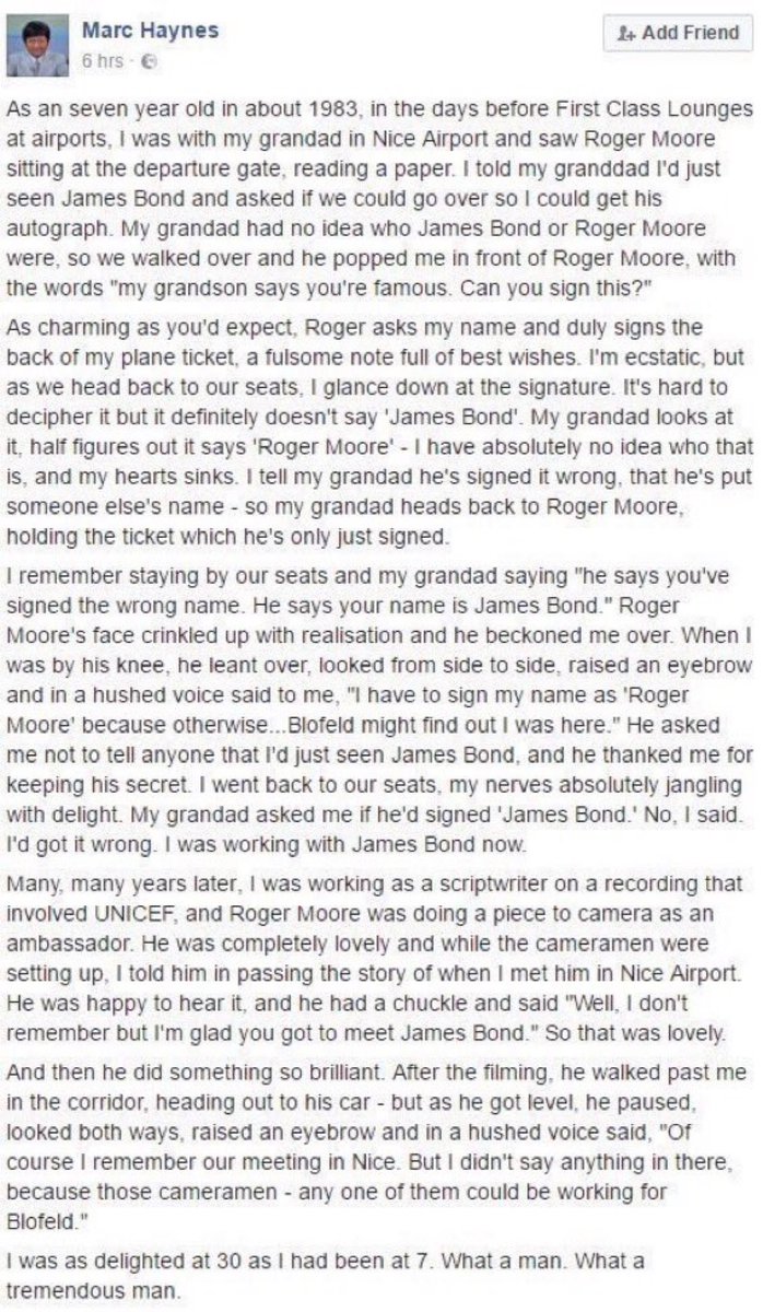 On the anniversary of Roger Moore’s death, let’s remember this lovely story about what a class act he was