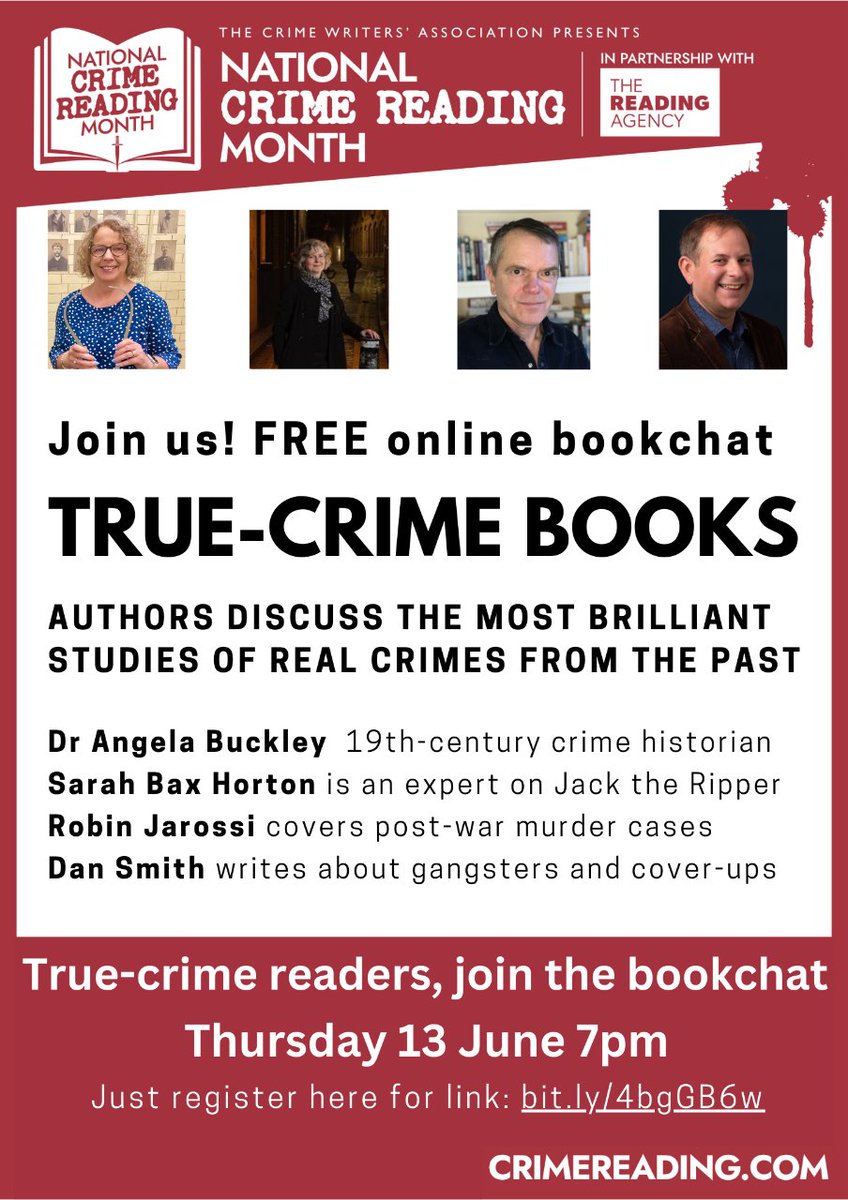 We've already had sign-ups for our free true-crime bookchat on Zoom, 13 June. @victoriansleuth @DanSmith_Writer @horton_bax and I will be discussing great non-fiction crime books. We'd love you to join us – register here