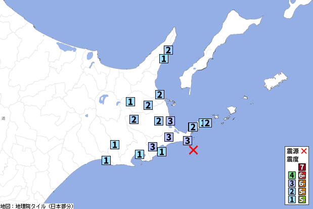 【地震情報】05/23 20:00頃 震度3 根室半島南東沖(深さ約50km、M4.5) 津波の心配なし [震度3]北海道浜中町、別海町、根室市 [震度1]北海道釧路市、厚岸町、標...  p2pquake.net/web/