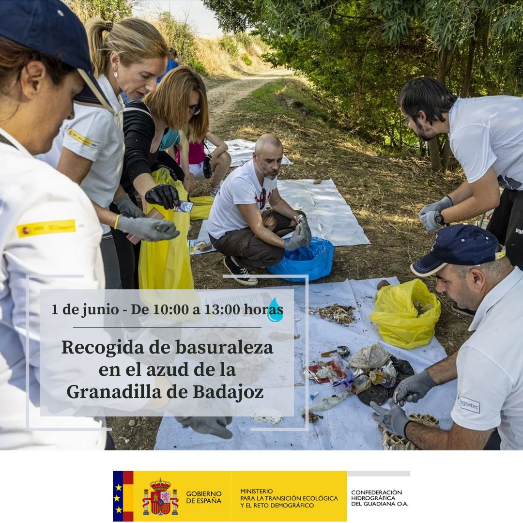 La @CH_Guadiana organiza una recogida de basuraleza dentro de la campaña 1m2 contra la basuraleza del proyecto Libera 🗓️  Fecha: 1 junio 📍 Localización:azud de la Granadilla de Badajoz ⏰ Horario: 10:00-13:00h ✍️ Inscripciones: forms.gle/4waA49MoEkXQcq… ¡Te esperamos!