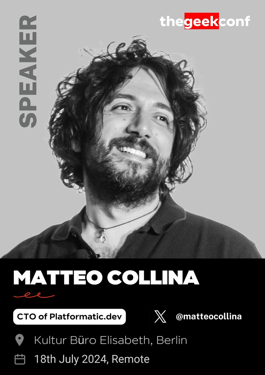 Co-founder and CTO of Platformatic.dev, Matteo Collina is ready to set the stage for the remote day of thegeekconf.

He is a member of the Node.js Technical Steering Committee focusing on streams, diagnostics and http and the author of the fast logger Pino and of the