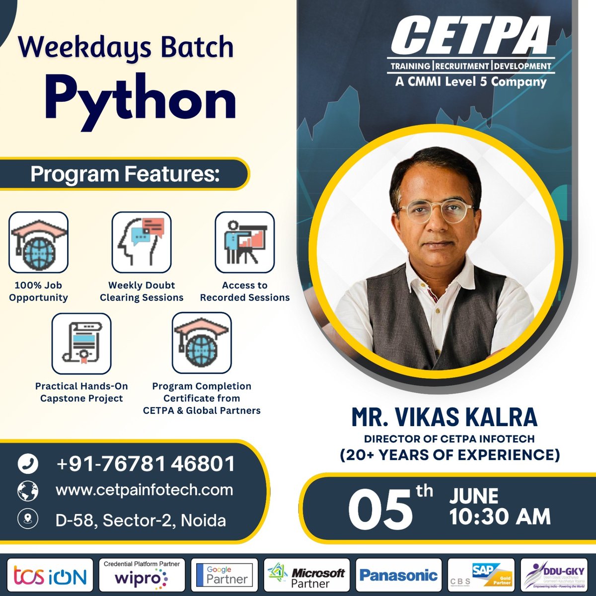 Join our Weekdays Python Batch starting from 5th June at 10:30 AM.

Book your FREE demo now:- forms.gle/jto5qpnuEXYuWD…
.
.
#cetpainfotech #PythonCourse #LearnToCode #Programming #WeekdaysBatch #CodingBootcamp #PythonProgramming #TechSkills #PythonLearning #CodingLife