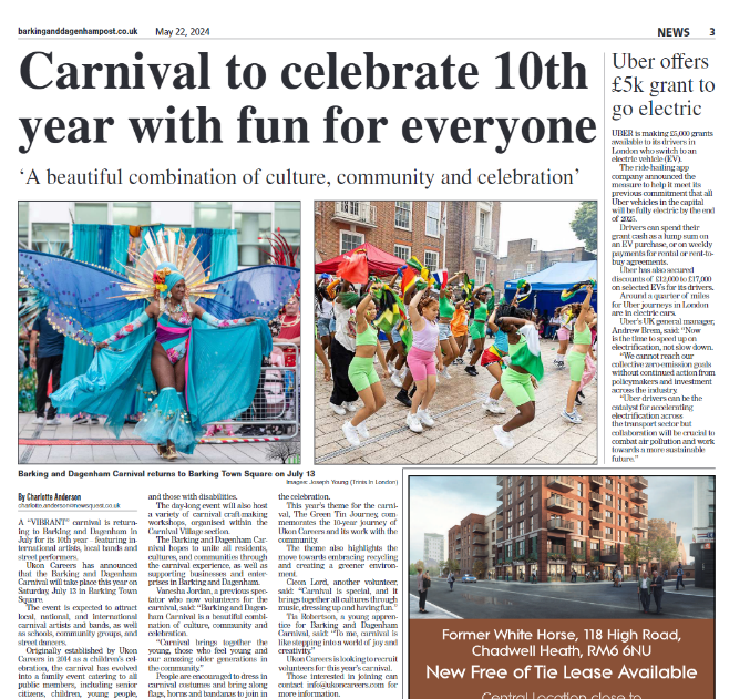 We'd like to thank The Barking and Dagenham Post for this wonderful press release celebrating 10 years of Barking & Dagenham Carnival
This year the Barking & Dagenham Carnival will be from 1:00 - 6:30 in Barking Town Square. Saturday 13th July 2024, we can't wait to see you there