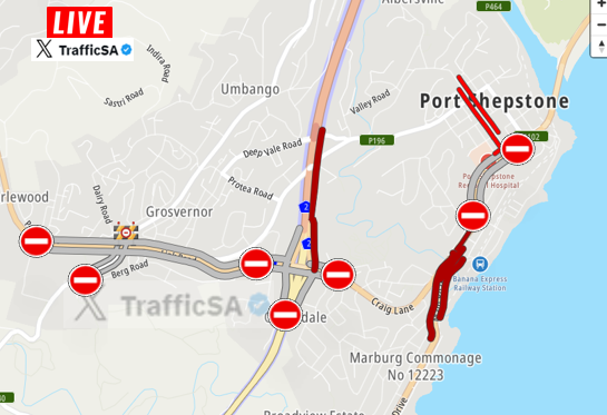 TrafficSA's tweet image. KZN - Port Shepstone (Update):  #TaxiStrike  ROAD CLOSURES - multiple locations