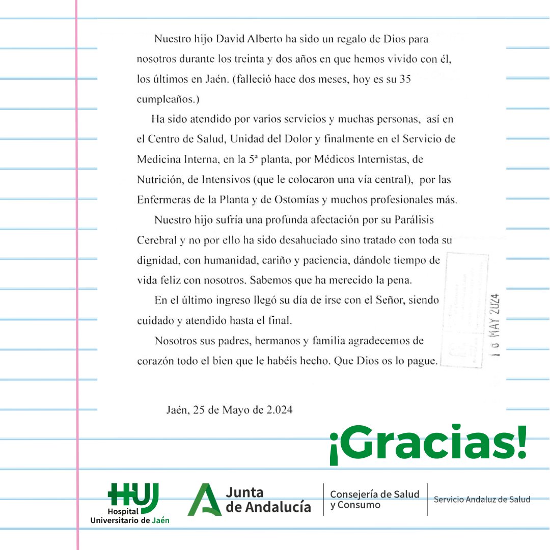 🙏Recibir cartas como la de los padres de David Alberto, un paciente que fue atendido por distintos servicios y al final de su vida, por el de Medicina Interna, nos llena de orgullo y aún con la pena por su fallecimiento, sentimos una gran emoción por las palabras de sus padres❤️