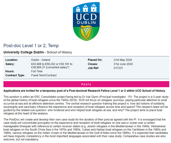 Boat_Refugees's tweet photo. 🛎️ 3 x 3-year postdoc positions @ucddublin @ucdhistory

⏰Deadline: 21 June, start date: Sept. 24-Jan. 25 

ℹ️ Detailed job specifications 👇

Post-doc Level 1: https://t.co/rcKjjKoNMy

Post-doc Level 2:
https://t.co/QF0mWxUxaK

Please share widely!  https://t.co/xq78WkNdRa https://t.co/vHHnKbn9yA