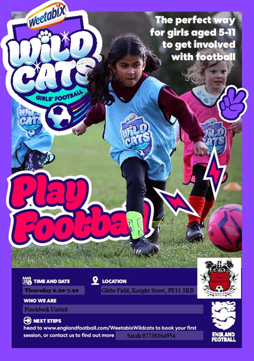 ⚽️ Pinchbeck United Wildcats Girls Football ⚽️ Every Thursday for 5-11 year olds Contact Sarah on 07738 164954 or email pinchbeckunitedfootballclub@gmail.com