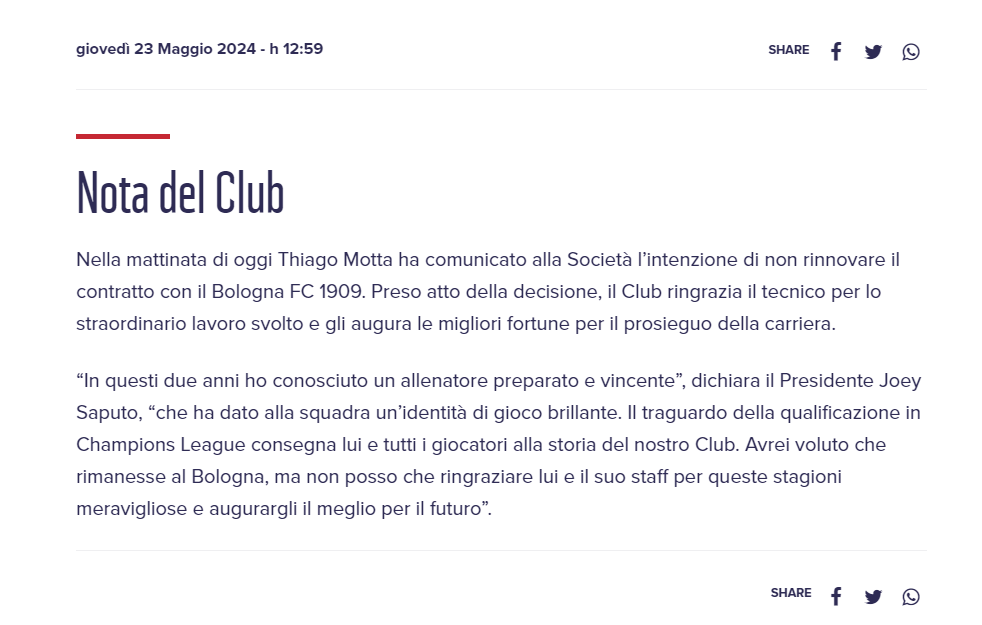 ++++ UFFICIALE: Thiago #Motta saluta il #Bologna. Il tecnico non rinnoverà ed è pronto a firmare per la #Juventus +++
