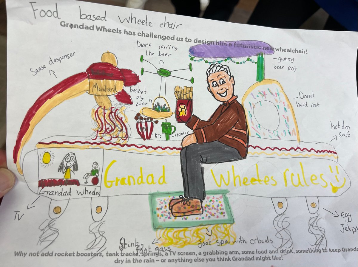 This has to be one of the craziest wheelchair designs I've seen on a school visit @Woodley_Primary Food based - siting on a giant hotdog, sauce dispenser, beer carrying drone, fries in hand, etc! @sv1 @alex_tilbury @spinalinjuries @backuptrust