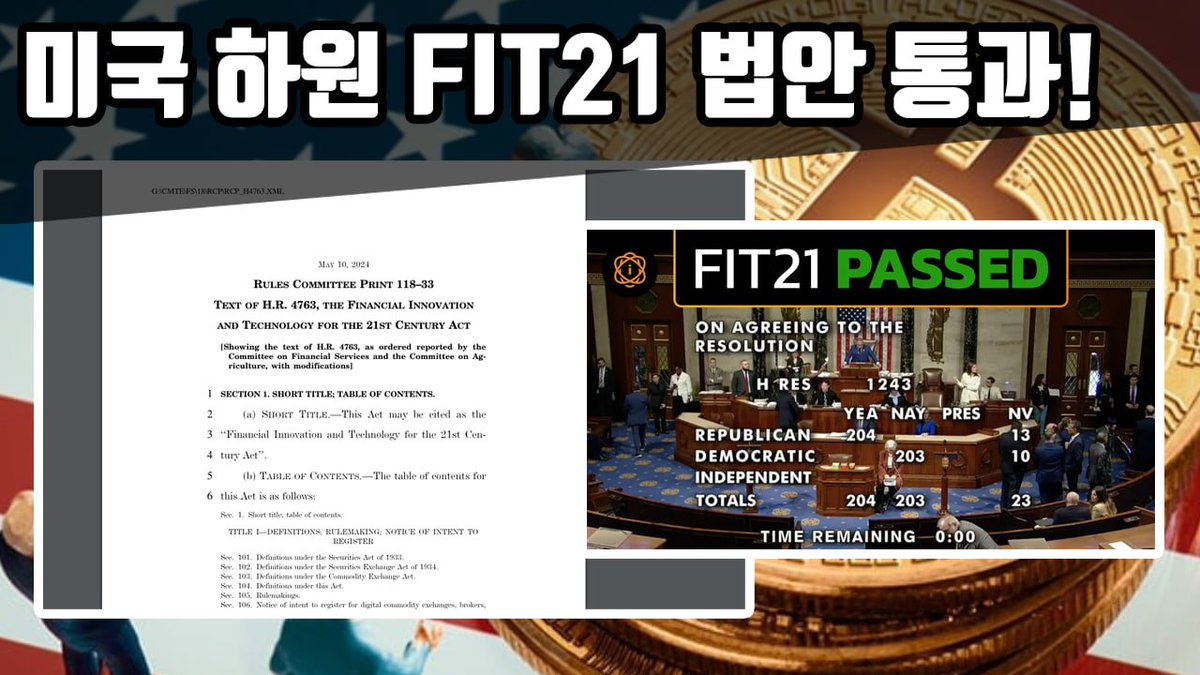 BQYouTube's tweet photo. 📌[BQ비큐] FIT21 법안 미국 하원 통과, 크립토에 새로운 바람이 분다?!

이번에 FIT21 법안이 미국 하원에서

279 찬성, 136 반대로 통과가 되었습니다!

이제 상원 (Sentate)쪽 통과와 전체 의회 투표까지 통과되면 진짜 미국 법이 된다!! 

이게 얼마나 어마무시한 일인지 잘 안 와닿는 분들이 많을 것 같기에 짧게 설명하자면...

✅FIT21 법안이란?

🔘The Financial Innovation and Technology for the 21st Century Act 의 줄임말

📱 FIT21 법안 원문 (https://t.co/deV6DEWqp3)

🔘이 법안은 CFTC와 SEC의 관할권, 그리고 어떻게 암호화폐를 규제해야하는지에 대한 내용을 담고 있음

🔘a16z, 코인베이스, Dapper, Stand with Crypto, Block, CoinFund 등 다양한 암호화폐 기관들이 지원 및 서포트

🔘FIT21 법안에는 "DECENTRALIZATION TEST" 즉 탈중앙화 테스트가 들어가있음. 근데 여기서 진짜 중요한건

탈중앙화 테스트에 통과한 자산은 증권 (Secuirty)가 아닌 Commodity로 취급되며 CFTC 관할로 들어갈 수 있다는 이야기!!

🔘추가로 자금 세탁 방지법, 스테이블코인 법안등이 들어가있지만 사실 위에가 가장 중요한 부분이 아닌가 싶음

✍️

아직 확정은 아니지만 반 이상은 왔네요. 

이거 되면 탈중앙화 제대로 되어있다고 확실히 입증하고 데이터가 나오는 코인들은 증권성에서 자유로워질 확률이!!

비슷한 매락에서 생각해볼 수 있는건...

디앱코인보다 인프라코인이 훨씬 더 증권성에서 자유롭지 않을까?

이대로가면 POW 코인들은 일단 다 증권성 완전히 아웃, 

그리고 물량 대부분이 재단이 들고 있는 코인은 힘들겠지만 오랜 시간 탈중앙화 분배가 모두 이루어진 POS 애들도 미래 ETF 가능..?!

여러모로 미국에서 확실히 친암호화폐적인 움직임이 정치적 이유 때문인지 몰라도 하나씩 나오고 있네요

개인적으로 최소한 미국 대선전까지는 불장이 계속되기를 바람..