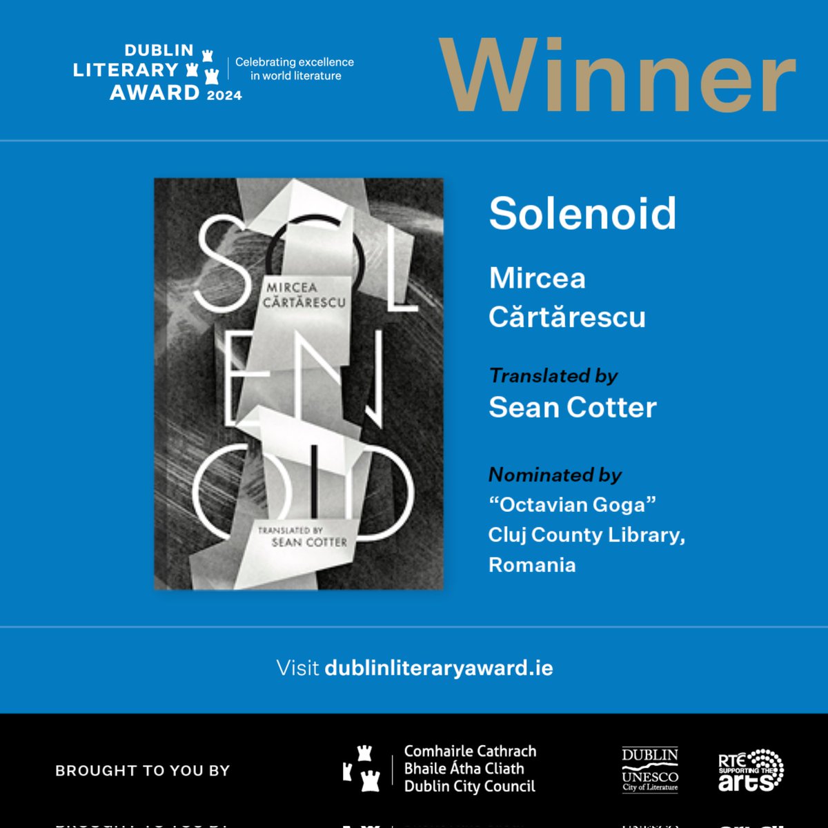 And the winner is... Solenoid by Mircea Cărtărescu, translated by Sean Cotter! 🏆🥳 

Congratulations to all involved in bringing this incredible story to life.

Solenoid was nominated by Octavian Goga, Cluj County Library and published by @deepvellum ✨