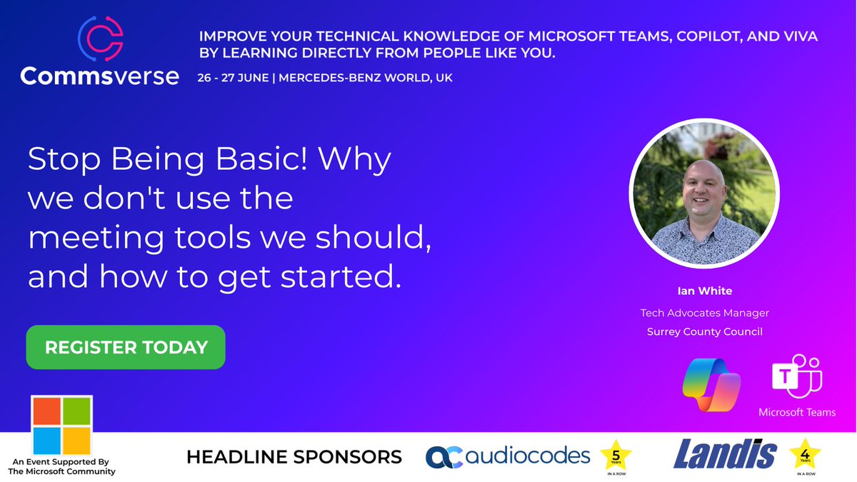 Stop Being Basic! Why we don’t use the meeting tools we should, and how to get started. By Ian White at Commsverse 2024 📢 events.justattend.com/events/confere… #commsverse #microsoftteams #techcommunity
