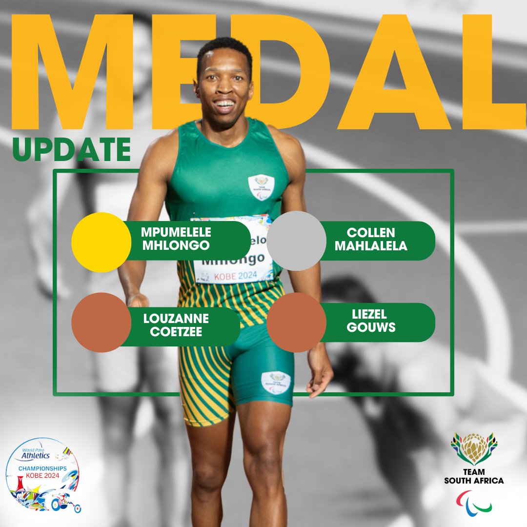 🏅🇿🇦 #TeamSA at the World Para Athletics Champs - End of Day 7 Medal Count:
🥇 Men's 100m T44 - Mpumelelo Mhlongo  
🥈 Men's 400m T47 - Collen Mahlalela  
🥉 Women's 1500m T11 - Louzanne Coetzee 
🥉 Women's 400m T37 - Liezel Gouws 
Proudly Mzansi! 💪🇿🇦
#TeamSA
#ForMyCountry