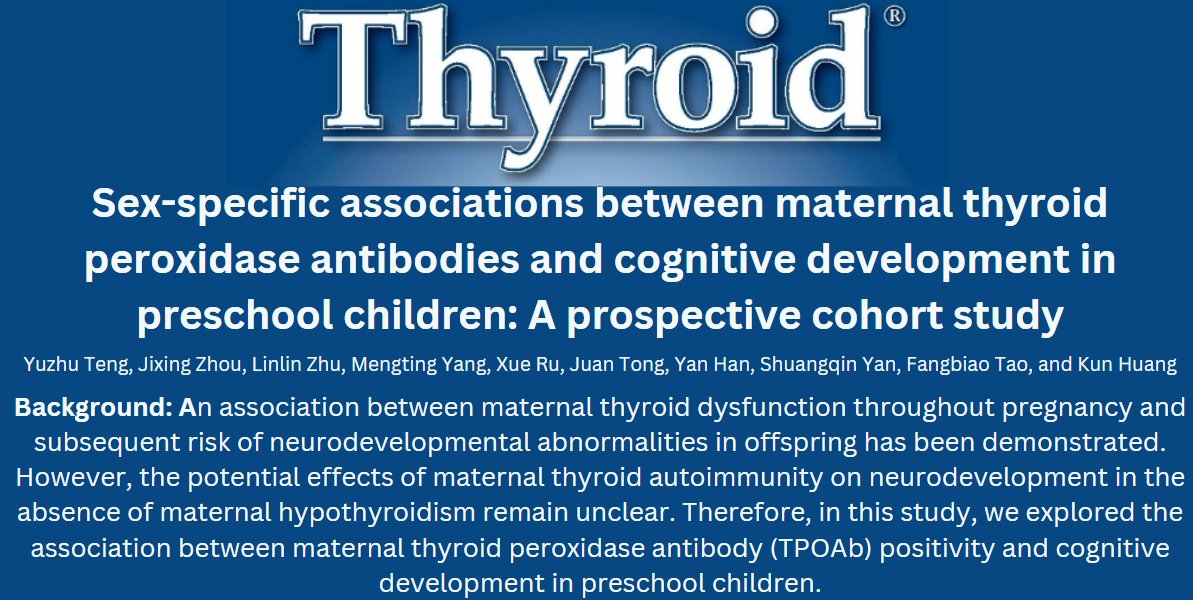 Check out this new article in @ThyroidJournal. Is there an association between TPO antibody positivity in #pregnancy and subsequent cognition and memory in children? This group attempts to answer this question. ow.ly/9r9E50RPAMV