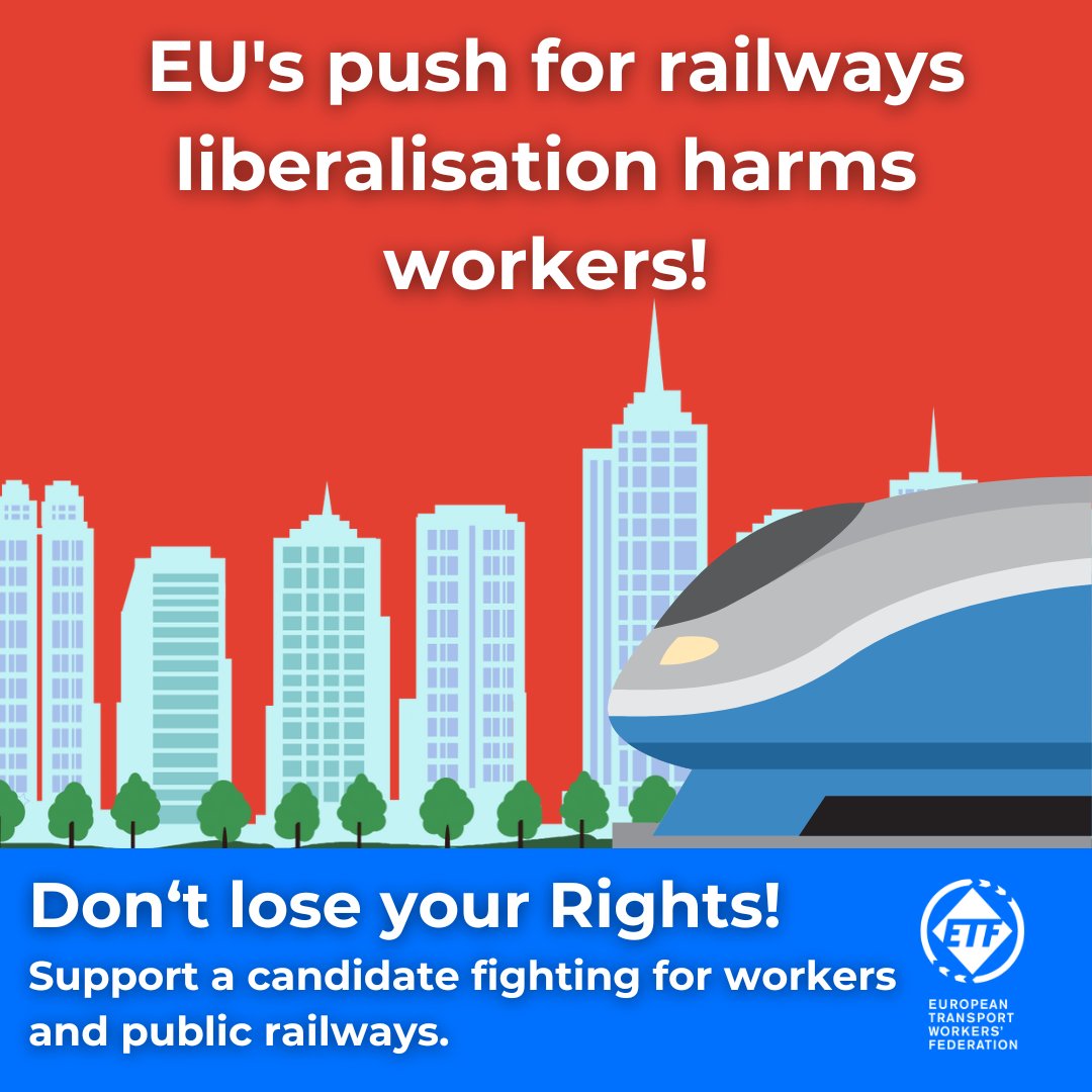 Recent EU Transport policies prioritise market liberalisation, as seen in recent cases in rail freight. In many European countries, this has led to fewer workers' rights, worse pay and working conditions. 

This election, vote for candidates that support the protection of worker