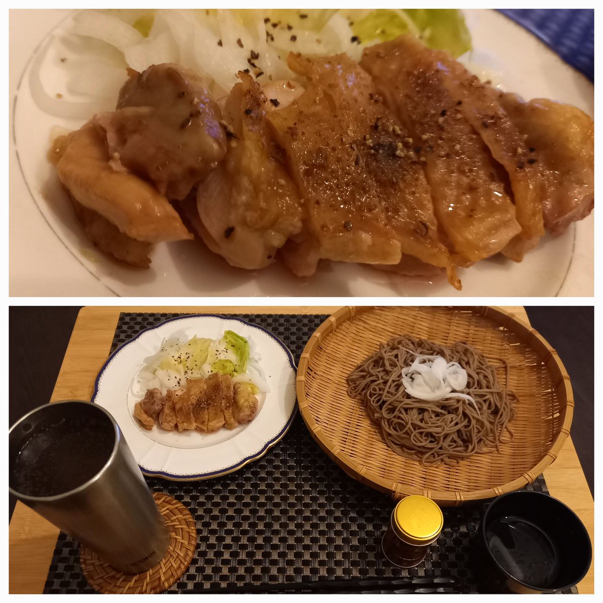 しごおわです 今夜はトースターでカリッカリに焼いた鶏もも肉と山芋ざる蕎麦で一杯🍻 もうすぐまた1つ人生のステージがあがります😅 とりあえず飲みます！乾杯🍻✨