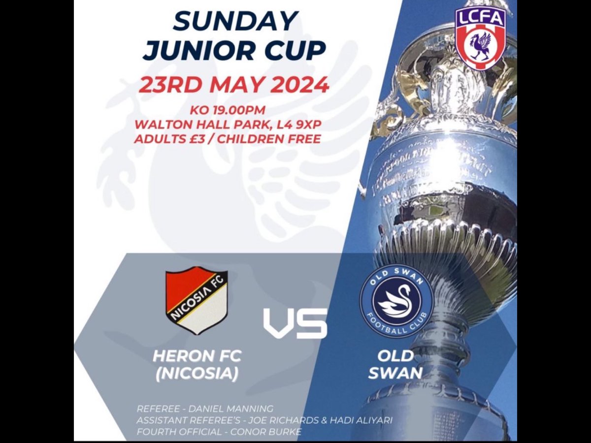 Paul Moran (@paulmoran62) on Twitter photo Tonights football is a trip to the <a href="/Liverpool_CFA/">Liverpool FA</a> Walton Hall Avenue to watch the Sunday Junior Cup Final between <a href="/NicosiaFC2020/">Nicosia FC</a> and <a href="/OldSwanFc1/">Old Swan FC 🦢</a>
<a href="/SteveSwinno/">@SteveSwinnerton</a> <a href="/DanManning014/">Dan Manning</a> 👍 Tonights football is a trip to the <a href="/Liverpool_CFA/">Liverpool FA</a> Walton Hall Avenue to watch the Sunday Junior Cup Final between <a href="/NicosiaFC2020/">Nicosia FC</a> and <a href="/OldSwanFc1/">Old Swan FC 🦢</a>
<a href="/SteveSwinno/">@SteveSwinnerton</a> <a href="/DanManning014/">Dan Manning</a> 👍