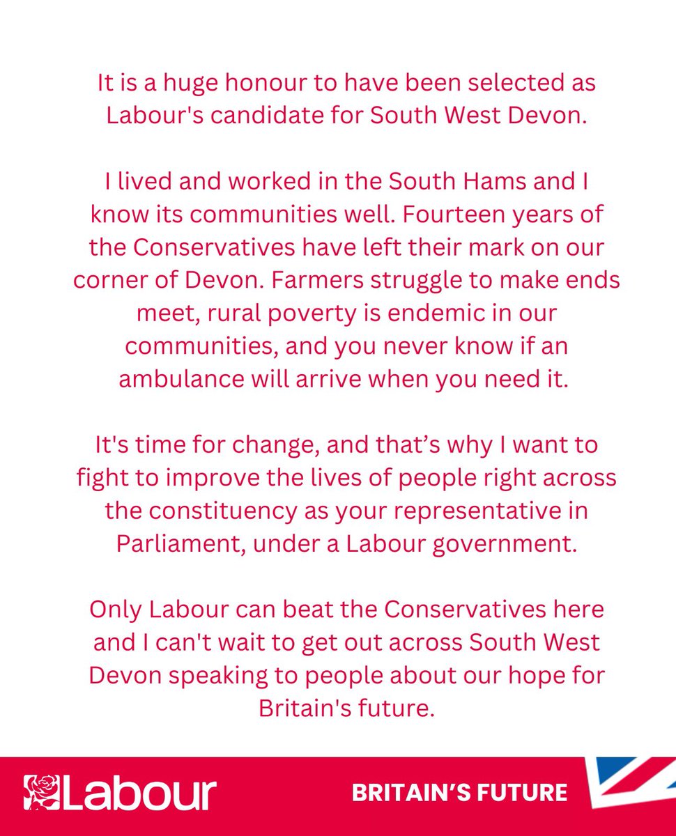 I am delighted to be selected as the Parliamentary candidate for South West Devon