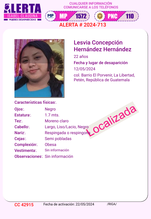#AlertaIsabelClaudina 📣 Localizada❗ Lesvia Concepción Hernández Hernández Ha sido localizada 📌 Agradecemos haber compartido la información 👌🏼