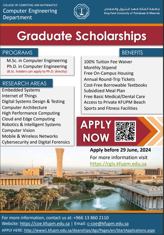 Join theMaster's and PhD programs in Computer Engineering at King Fahd University of Petroleum & Minerals (KFUPM) for cutting-edge research and academic excellence. Application Deadline: June 29, 2024. Apply Now: cgis.kfupm.edu.sa #ComputerEngineering #MastersProgram
