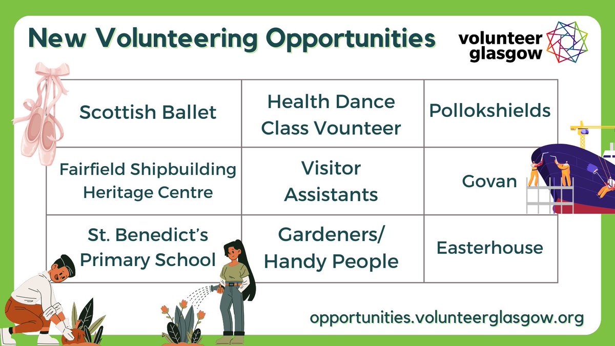 🩰 Health Dance Class Volunteer - @scottishballet - bit.ly/3ysJoem ⚓️ Visitor Assistants - @FairfieldGovan - bit.ly/44Vd6Vp 🪴 Gardeners/Handy People - @StBenedictsPS - bit.ly/3QXI1uB