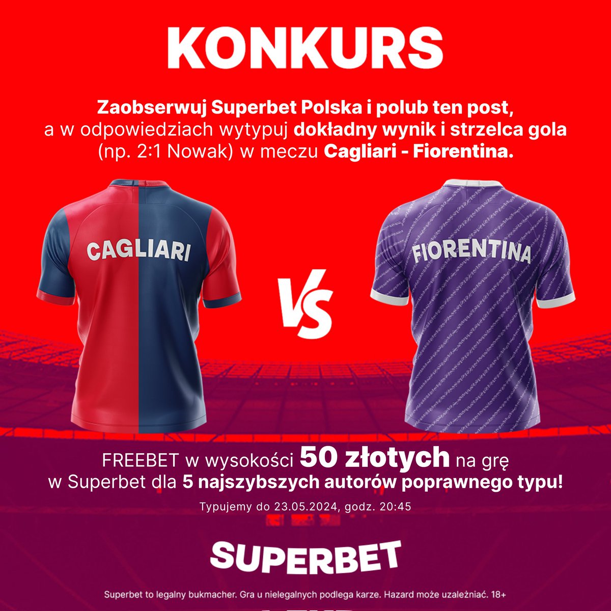SuperbetPL's tweet photo. #KONKURS! Typujemy dokładny wynik  oraz strzelca gola ⚽️ w meczu Cagliari - Fiorentina
---
✅ Zaobserwuj  @SuperbetPL
❤️ Polub i daj RT 🔁
👤 Dodaj nick z Superbet
🎁 Nagroda - freebet 50 PLN💰 https://t.co/tpmQAX2xMT