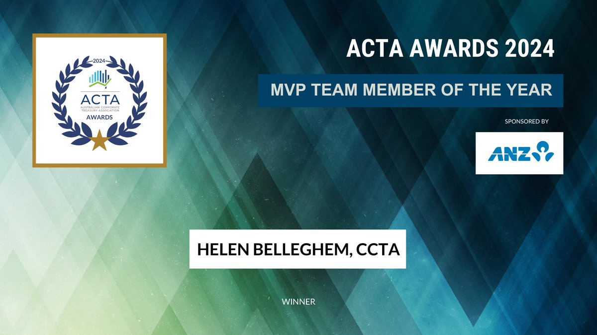 Congratulations to the winner of the MVP Team Member of the Year Award, Sponsored by ANZ

Winner: Helen Belleghem, CCTA

#AusTreasuryConference