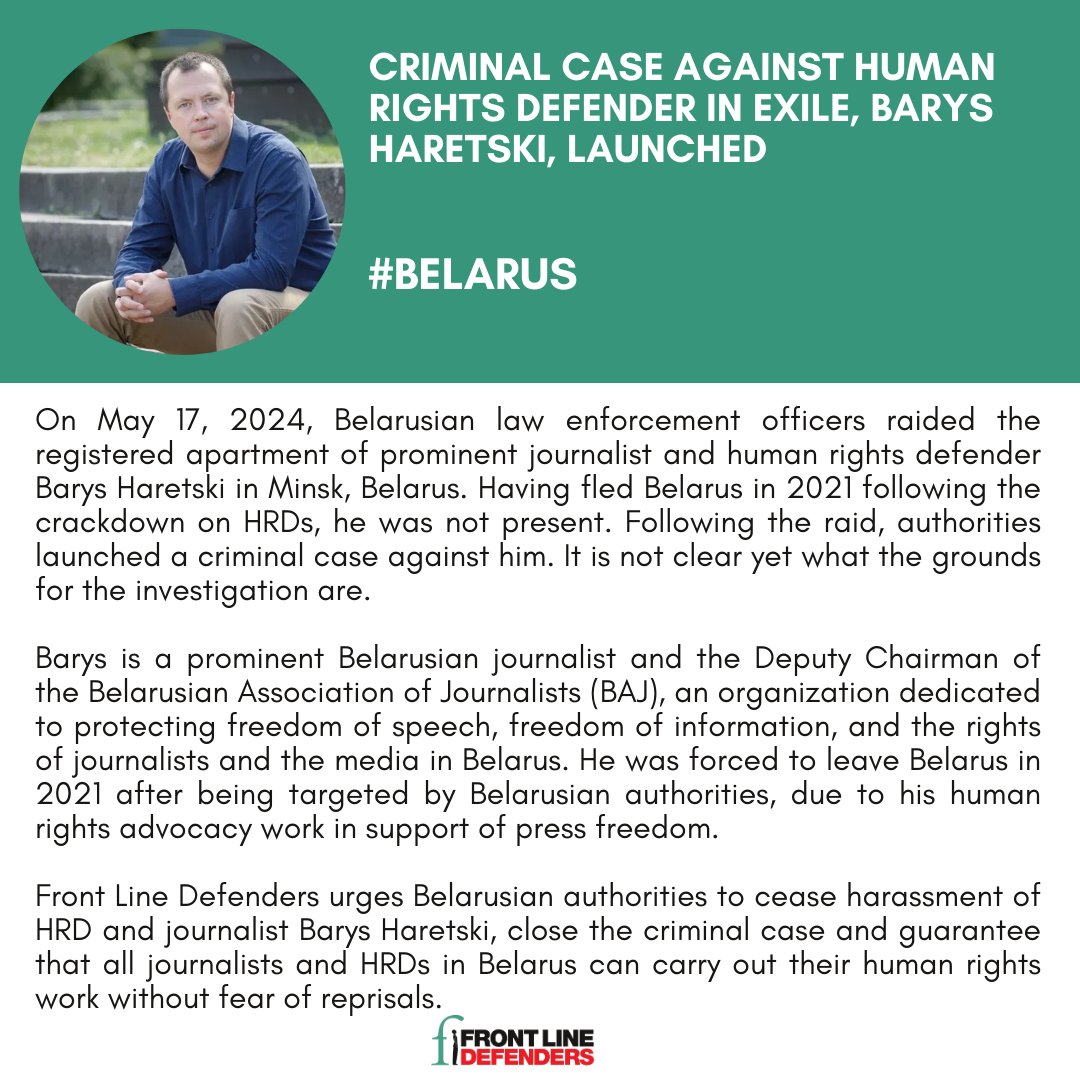 🚨 #Belarus

We urge Belarusian authorities to drop the criminal case against human rights defender and journalist Barys Haretski, and to cease the harassment and targeting of him and all other Belarusian HRDs.

Read more here 🔗 zurl.co/sDdQ