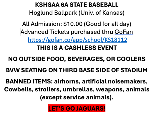 KSHSAA 6A Baseball at Hoglund Ballpark at KU. $10 Admission for K-12 students and Adults. gofan.co/app/school/KS1… This is a Cashless Event! Stay Classy Jaguars! #BVWFAMILY