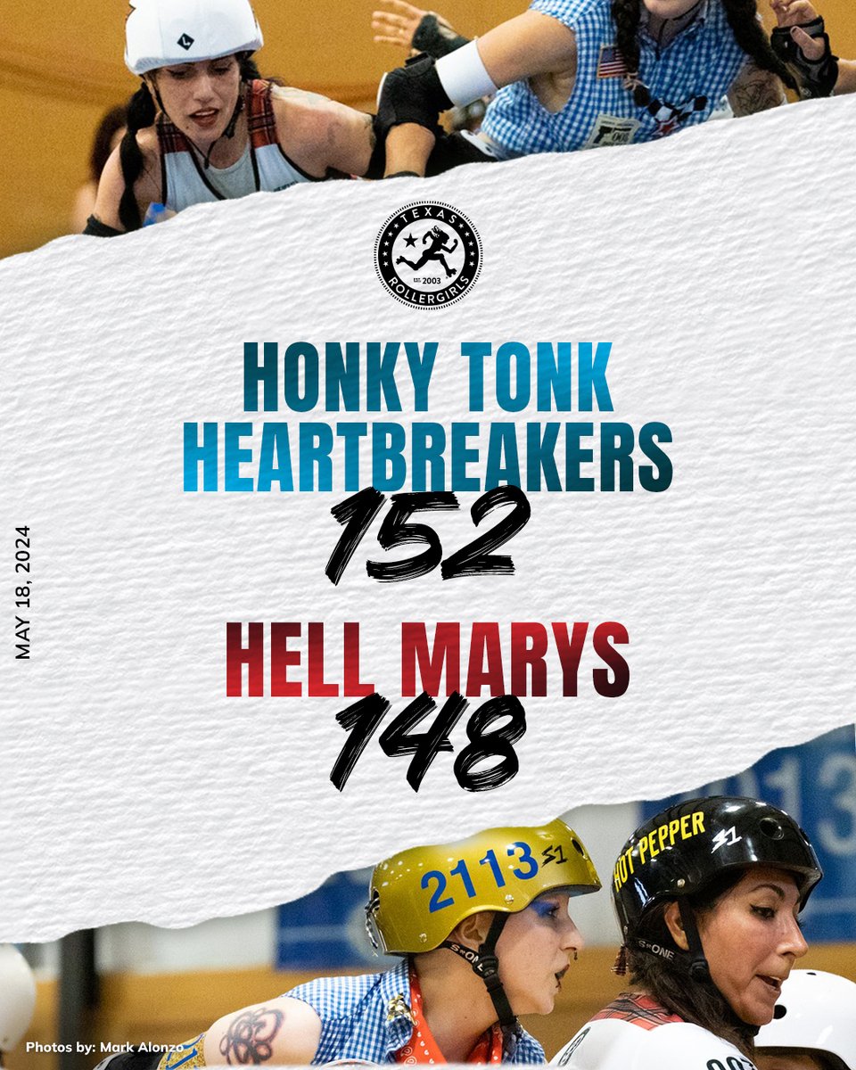 Bout 1 Scores:
Honky Tonk Heartbreakers: 152
Hell Marys: 148

Bout 1 MVPs:
Hell Marys Jammer: Tropical Mecanica
Hell Marys Blocker: Metallica Breath
Honky Tonk Heartbreakers Jammer: Neuralize HER
Honky Tonk Heartbreakers Blocker: KTx